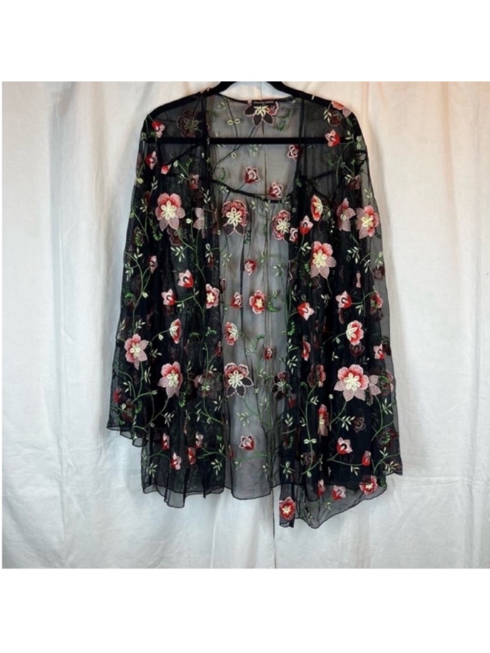 Boutique Cha Cha Vente Sheer Mesh Embroidered Floral Cardigan Whimsy Goth